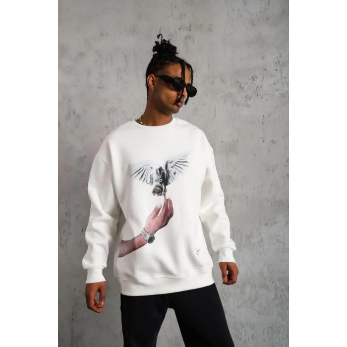 Erkek Güvercin Baskılı 3 iplik pamuklu Bisiklet Yaka Sweatshirt - Beyaz
