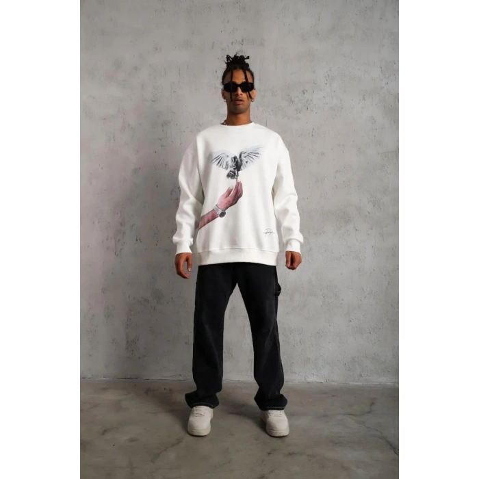 Erkek Güvercin Baskılı 3 iplik pamuklu Bisiklet Yaka Sweatshirt - Beyaz