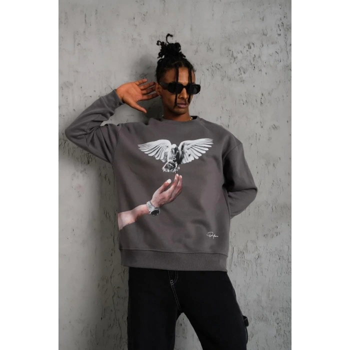 Erkek Güvercin Baskılı 3 iplik pamuklu Bisiklet Yaka Sweatshirt - Gri