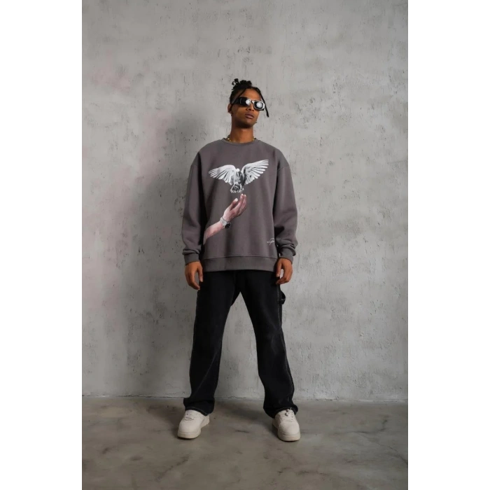 Erkek Güvercin Baskılı 3 iplik pamuklu Bisiklet Yaka Sweatshirt - Gri