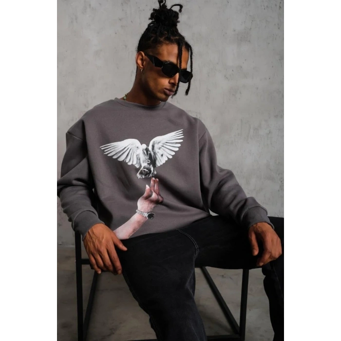 Erkek Güvercin Baskılı 3 iplik pamuklu Bisiklet Yaka Sweatshirt - Gri
