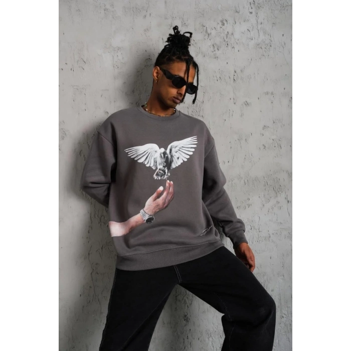 Erkek Güvercin Baskılı 3 iplik pamuklu Bisiklet Yaka Sweatshirt - Gri