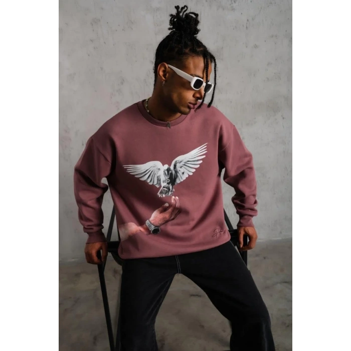 Erkek Güvercin Baskılı Bisiklet Yaka Sweatshirt 3 iplik pamuklu - Gül Kurusu