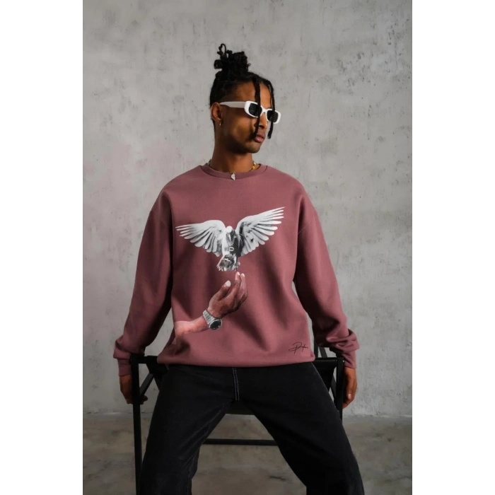 Erkek Güvercin Baskılı Bisiklet Yaka Sweatshirt 3 iplik pamuklu - Gül Kurusu