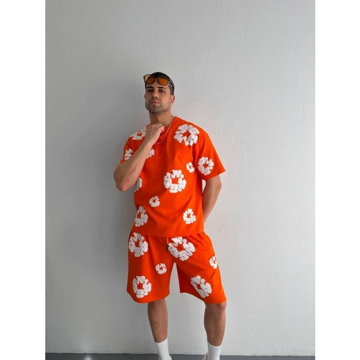 Erkek İki İplik Kumaş Oversize Baskılı T-shirt Şortlu ikili Alt-Üst Takım- Turuncu