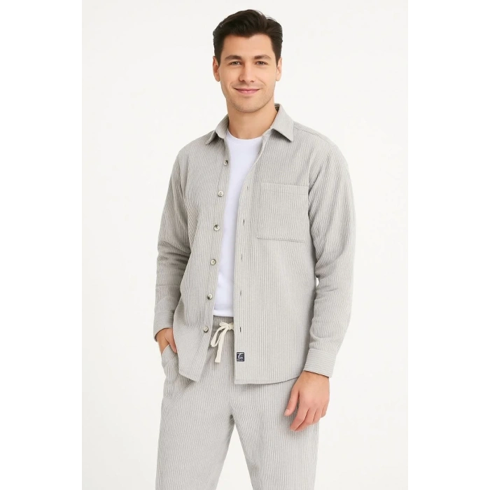 Erkek Kadife Oversize Takım Gömlek Pantolon İkili Set - Gri