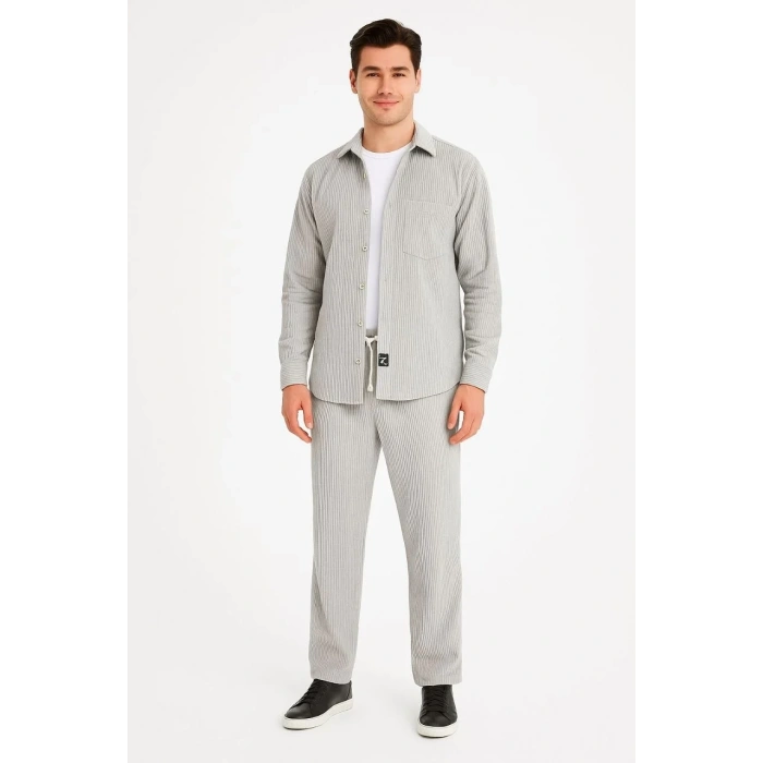 Erkek Kadife Oversize Takım Gömlek Pantolon İkili Set - Gri