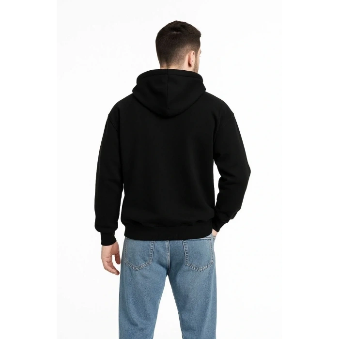 Erkek Kapüşonlu 3 İplik Şardonlu Önü Baskılı Fermuarlı Oversize Sweatshirt - Siyah