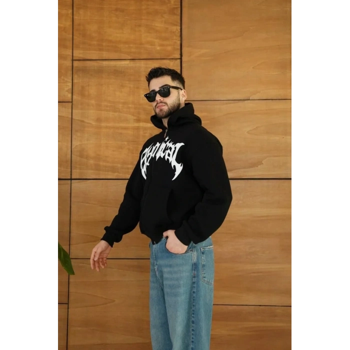 Erkek Kapüşonlu 3 İplik Şardonlu Önü Baskılı Fermuarlı Oversize Sweatshirt - Siyah