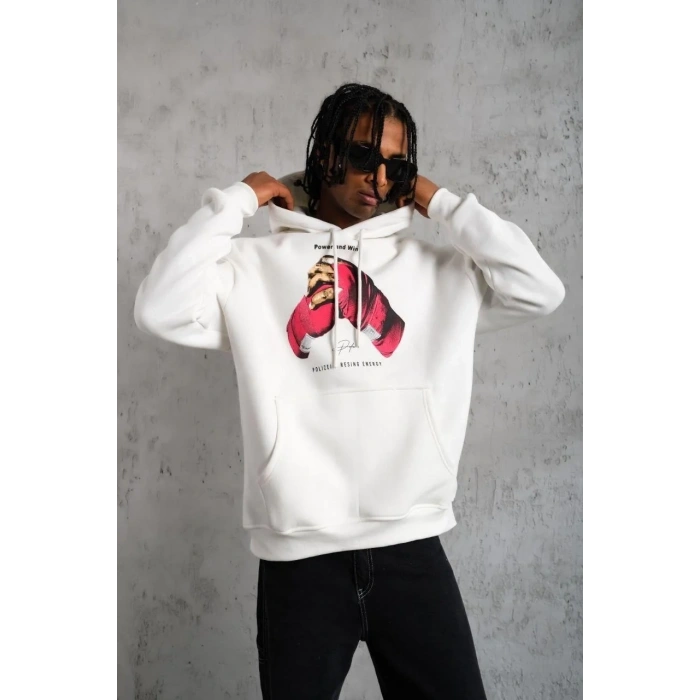 Erkek Kapüşonlu Cepli Boks Eldiven Baskılı 3 İplik Sweatshirt Hoodie - Beyaz