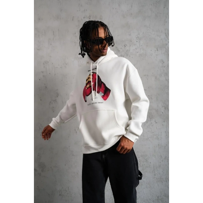 Erkek Kapüşonlu Cepli Boks Eldiven Baskılı 3 İplik Sweatshirt Hoodie - Beyaz