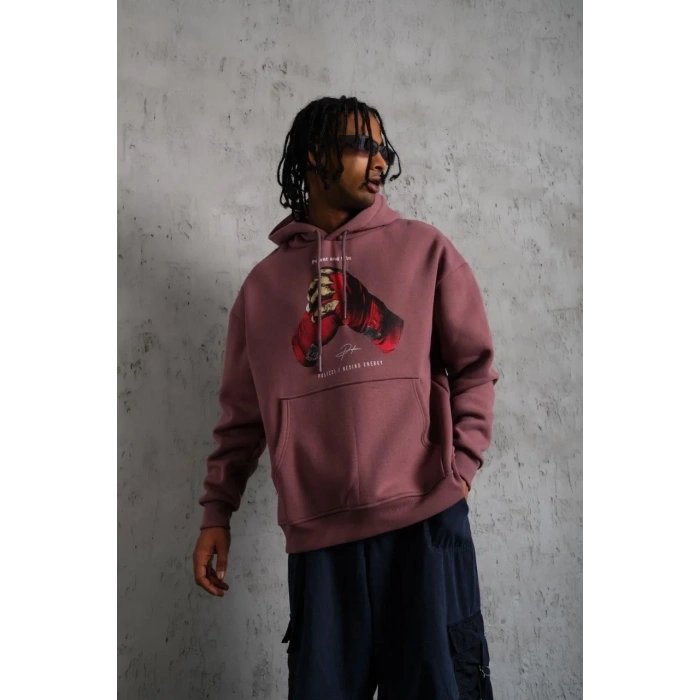 Erkek Kapüşonlu Cepli Box Eldiven Baskılı 3 İplik Sweatshirt Hoodie - Gül Kurusu