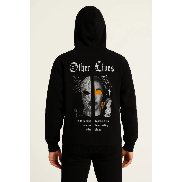 Erkek Kapüşonlu Kanguru Cepli Sweatshirt 3 İplik Pamuklu Baskılı Hoodie - Siyah