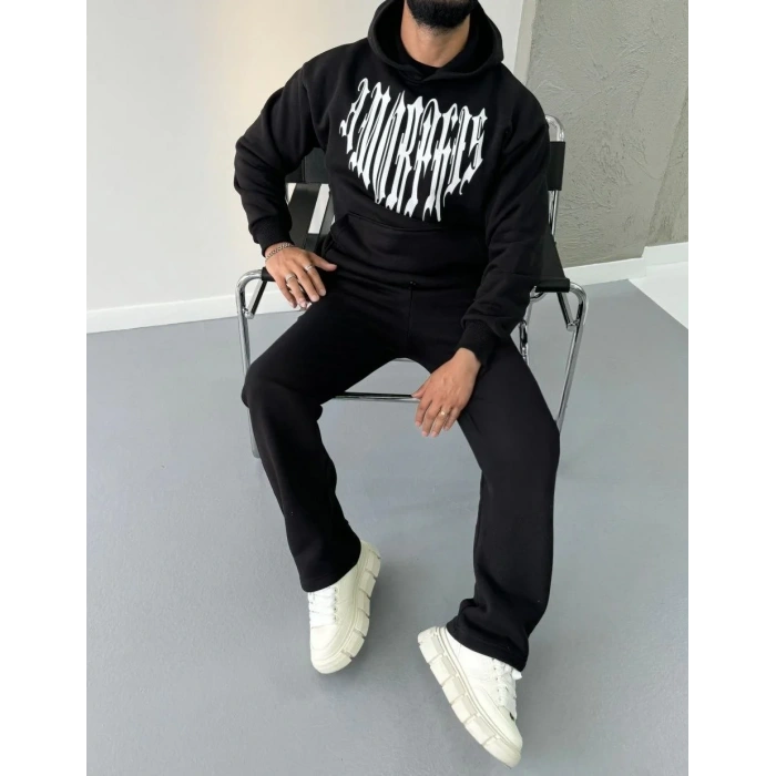Erkek Kapüşonlu Kanguru Cepli Sweatshirt 3 İplik Pamuklu Baskılı Hoodie -  Siyah