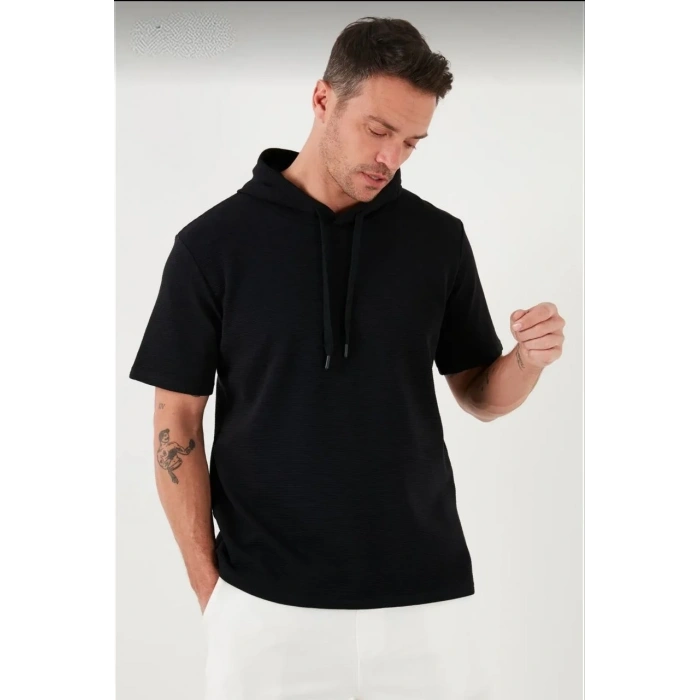 Erkek Kapüşonlu Tişört Kısa Kol Düz Oversize T-shirt - Siyah