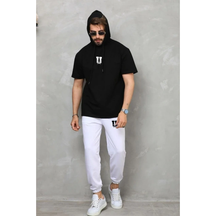 Erkek Kapüşonlu Tişört Oversize T-Shirt Takım - Siyah