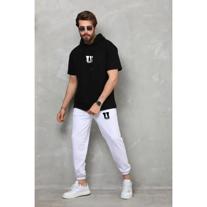 Erkek Kapüşonlu Tişört Oversize T-Shirt Takım - Siyah