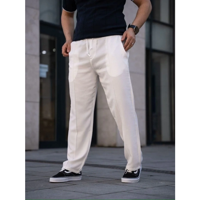 Erkek Keten Cepli Çıma Dikişli jogger Buggy Pantalon Rahat kalıp - Beyaz