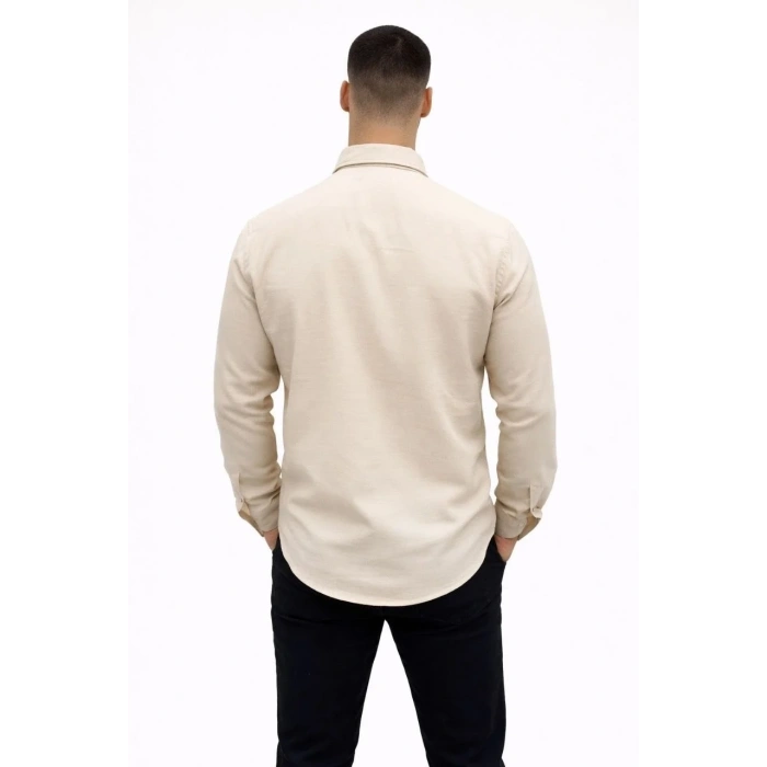 Erkek KETEN Kumaş Oversize Uzun Kollu Rahat Kalıp Gömlek - Bej