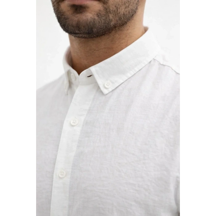 Erkek KETEN Kumaş Oversize Uzun Kollu Rahat Kalıp Gömlek - Beyaz