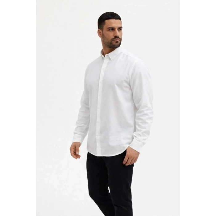 Erkek KETEN Kumaş Oversize Uzun Kollu Rahat Kalıp Gömlek - Beyaz