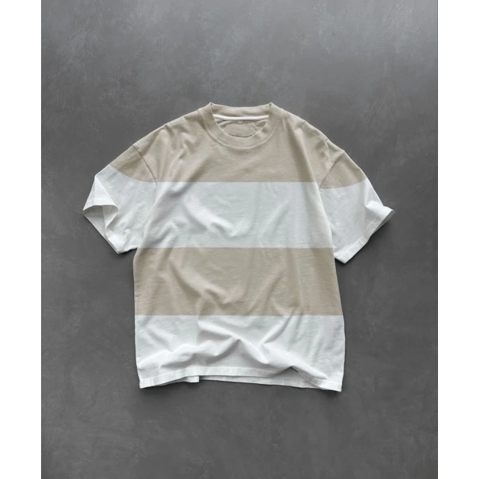 Erkek  Kısa kol  Bisiklet Yaka Parçalı T-Shirt - Bej