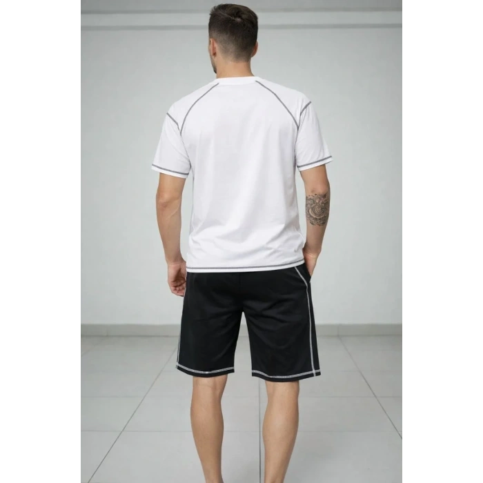 Erkek Kısa Kol Oversize Kalıp Tişört Şort ikili Takım Kontrast Dikişli - Beyaz