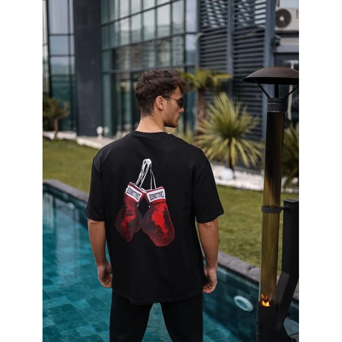 Erkek Kısa Kol Tişört Bisiklet Yaka Box Eldiven Baskılı T-Shirt -  Siyah