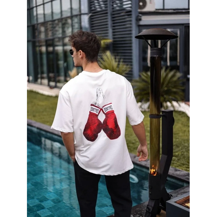 Erkek Kısa Kol Tişört Bisiklet Yaka Boxy Eldiven Baskılı T-Shirt - Beyaz