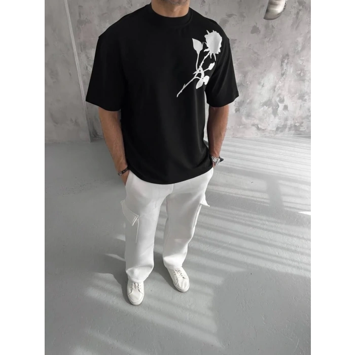 Erkek Kısa Kol Tişört Bisiklet Yaka GÜL Baskılı Oversize T-Shirt - Siyah