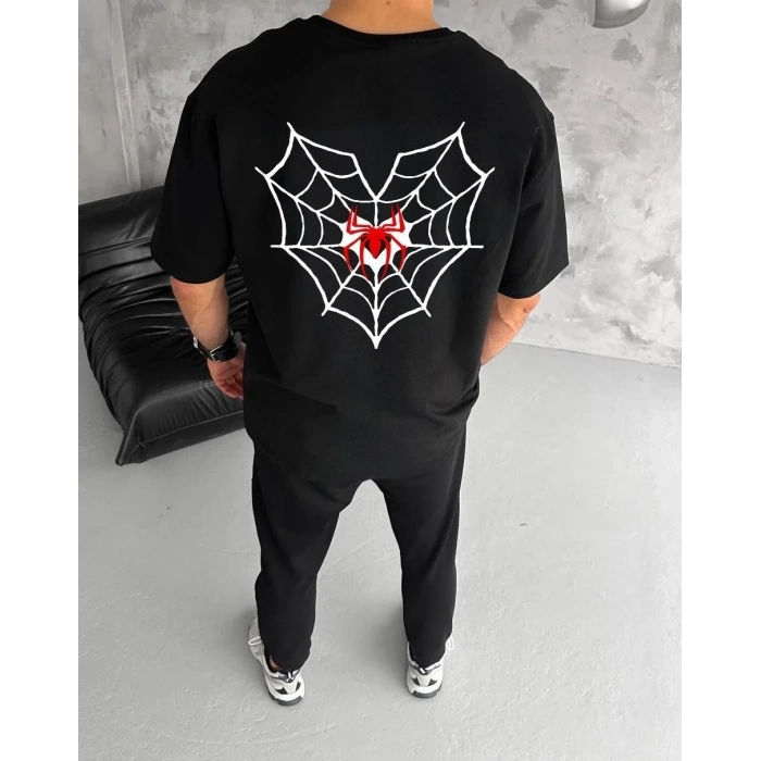 Erkek Kısa Kol Tişört Bisiklet Yaka ÖRÜMCEK Baskılı Oversize T-Shirt - Siyah