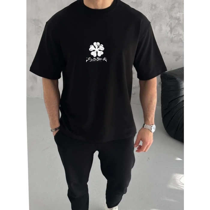 Erkek Kısa Kol Tişört Bisiklet Yaka YONCA Baskılı Oversize T-Shirt - Siyah