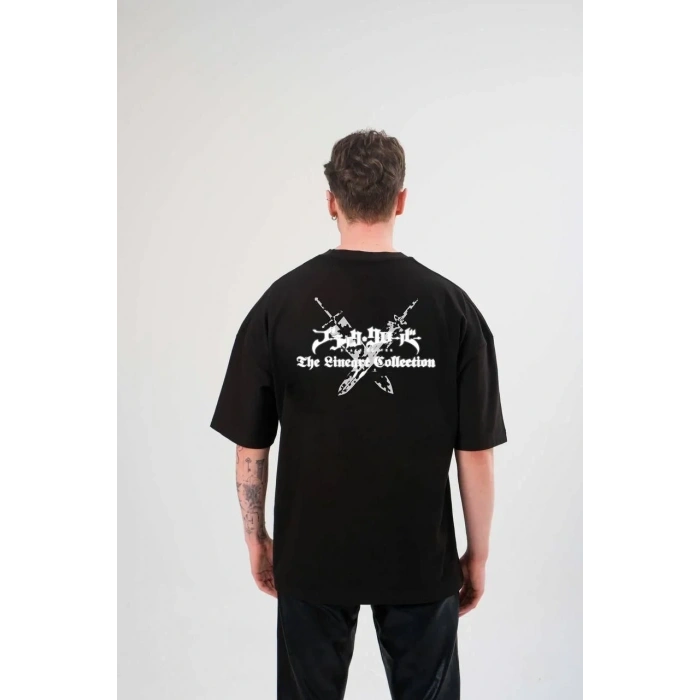 Erkek Kısa Kol Tişört Bisiklet Yaka YONCA Baskılı Oversize T-Shirt - Siyah