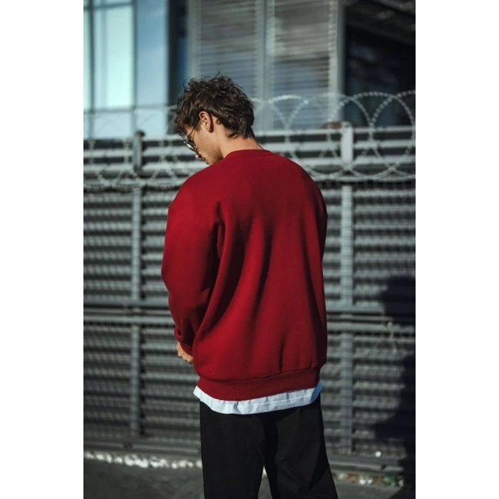 Erkek Kışlık Bisiklet Yaka Üç İplik Basic SweatShirt - Bordo