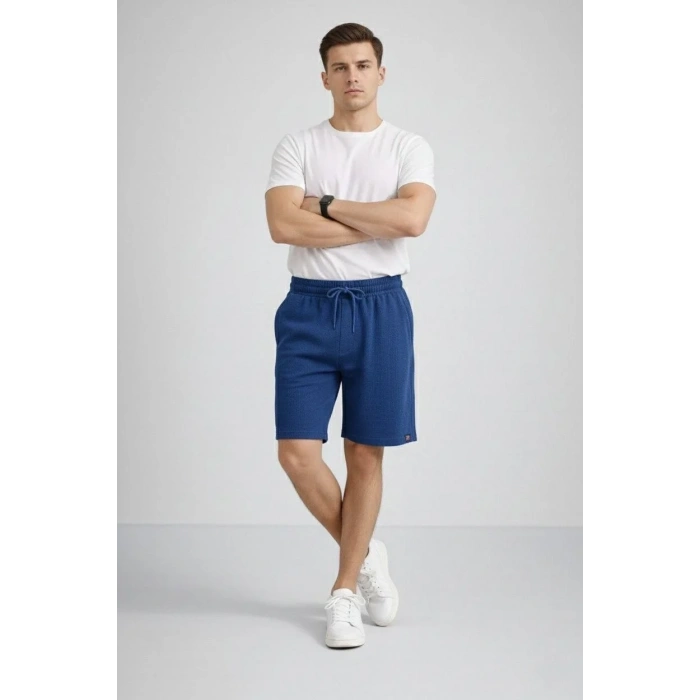 Erkek otoban Dokuma Kumaş Beli Lastikli, Cepli, Yazlık Şort - İndigo
