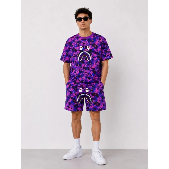 Erkek Oversize Kalıp Pubg Bape X Shark Nakışlı Cepli Şort Takım - Mor