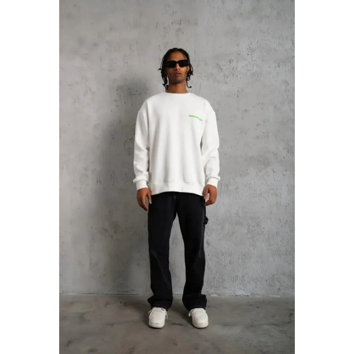 Erkek Oversize Sweatshirt Ön ve Sırt Baskılı 3 İplik Pamuklu - Beyaz