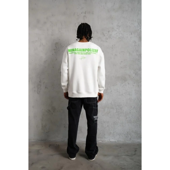 Erkek Oversize Sweatshirt Ön ve Sırt Baskılı 3 İplik Pamuklu - Beyaz