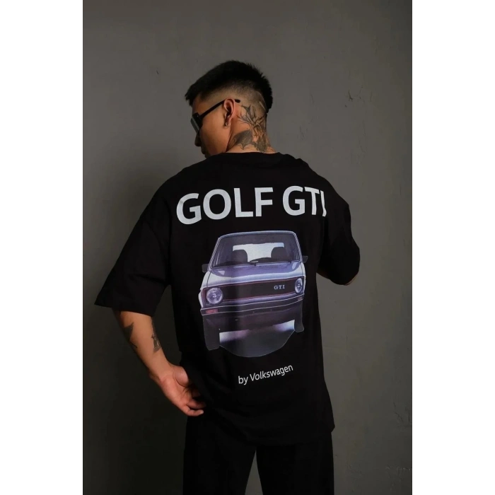 Erkek Oversize Tişört Golf GTI Retro Araba Baskılı T-shirt - Siyah