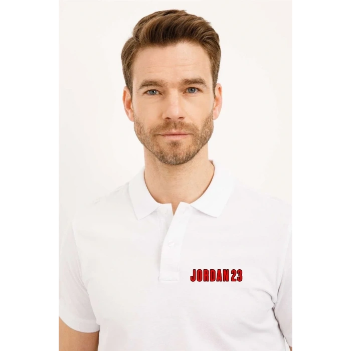 Erkek Pike Polo Yaka Tişört Düğmeli Baskılı T-Shirt - Beyaz