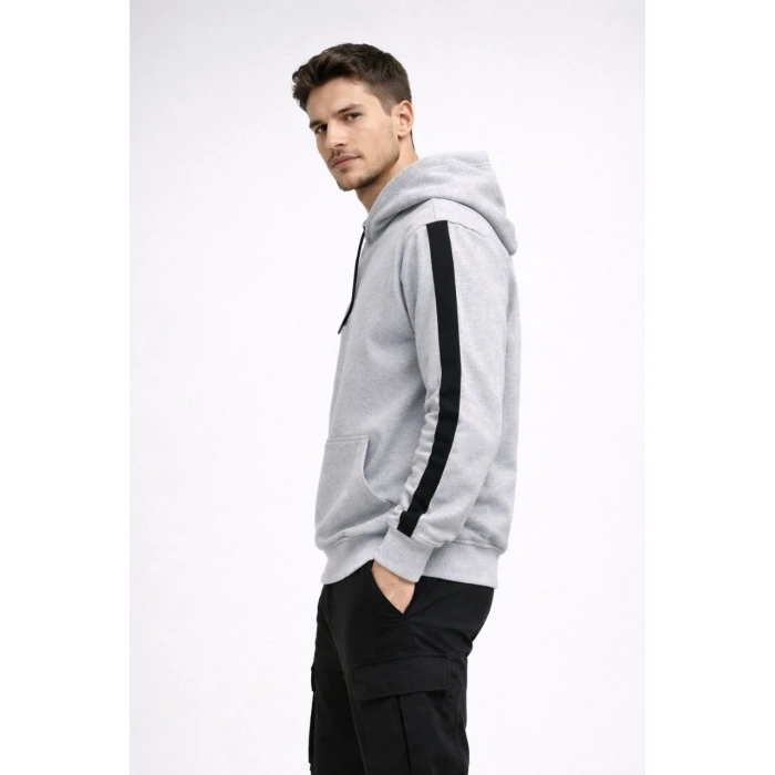 Erkek Şeritli Kapüşonlu Oversize Sweatshirt 3 iplik Pamuklu hoodie - Beyaz
