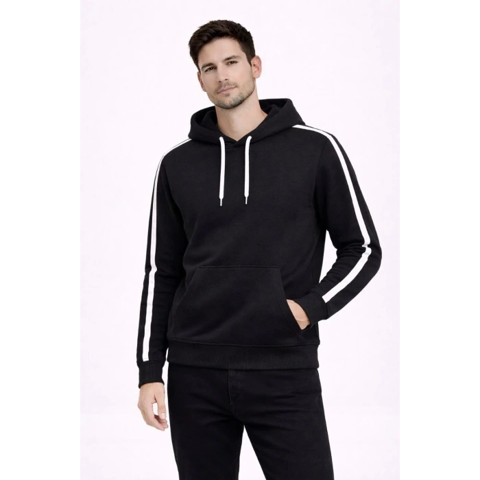Erkek Şeritli Kapüşonlu Sweatshirt Oversize 3 iplik Pamuklu Hoodei - Siyah
