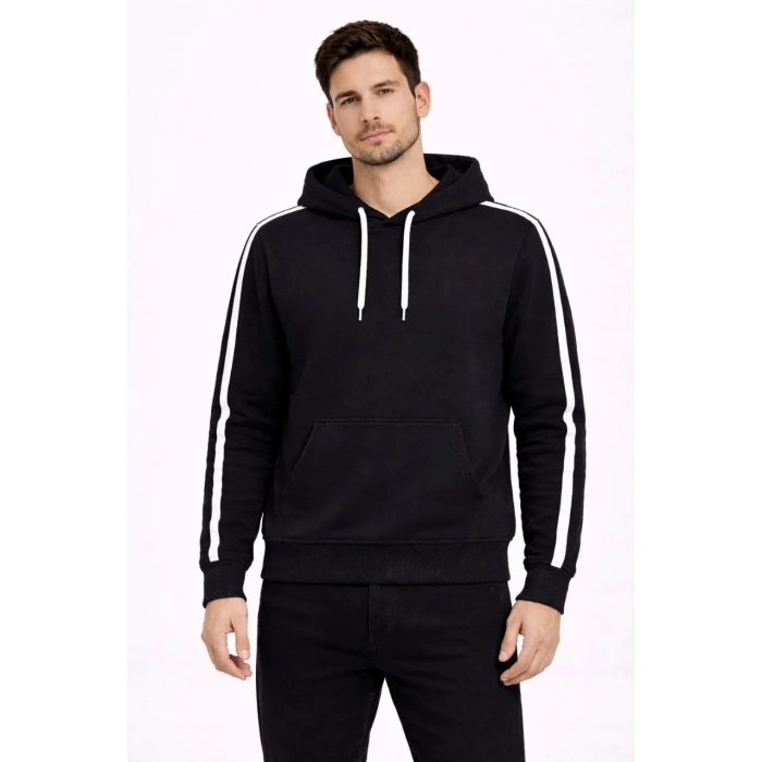 Erkek Şeritli Kapüşonlu Sweatshirt Oversize 3 iplik Pamuklu Hoodei - Siyah