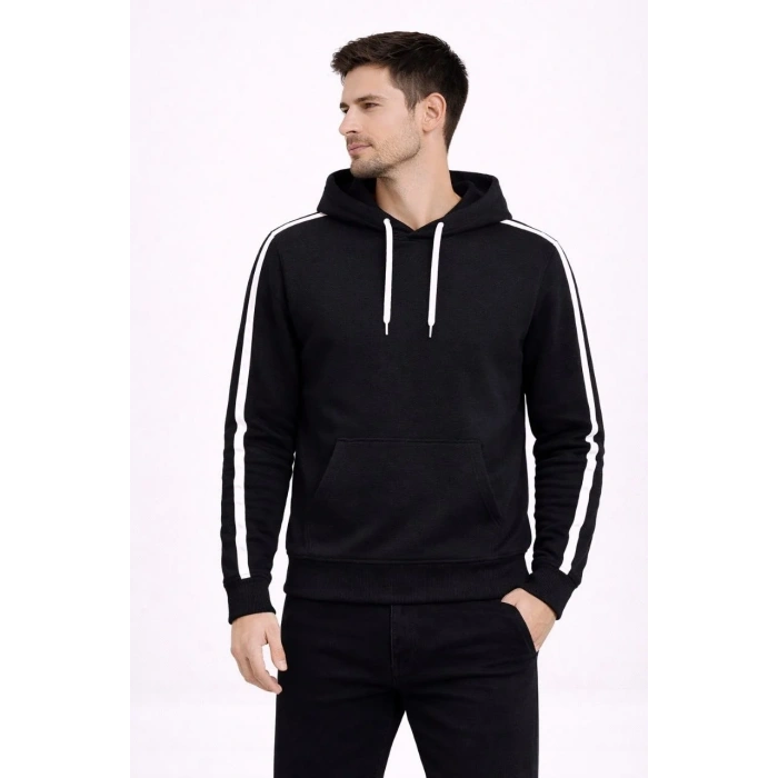 Erkek Şeritli Kapüşonlu Sweatshirt Oversize 3 iplik Pamuklu Hoodei - Siyah