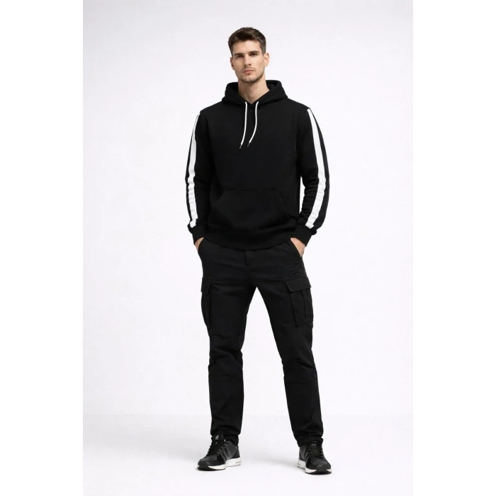 Erkek Şeritli Kapüşonlu Sweatshirt Oversize 3 iplik Pamuklu Hoodie - Siyah