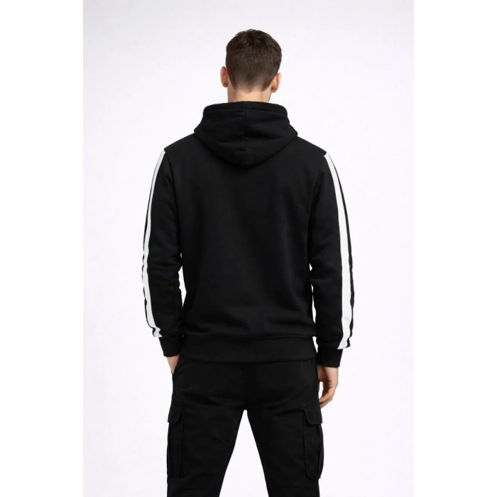 Erkek Şeritli Kapüşonlu Sweatshirt Oversize 3 iplik Pamuklu Hoodie - Siyah