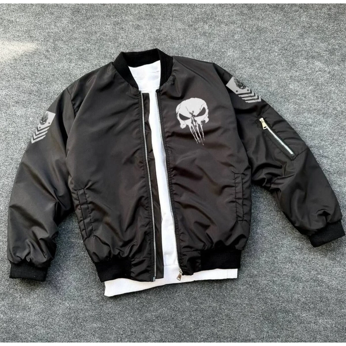 ERKEK Siyah Askeri Tarz Bomber Mont Punisher Skull Detaylı Fermuarlı Cepli - Siyah