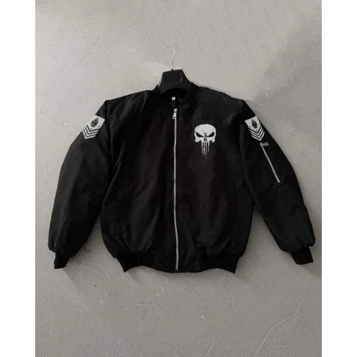 ERKEK Siyah Askeri Tarz Bomber Mont Punisher Skull Detaylı Fermuarlı Cepli - Siyah
