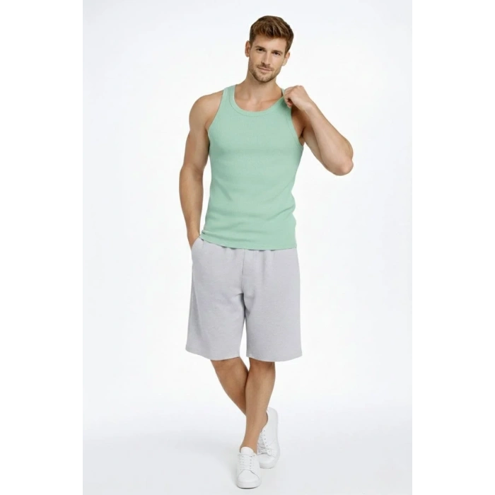 Erkek Spor Slimfit Fitilli Kaşkorse Arka Basklı Atlet 2li Set Siyah-Mint Yeşili