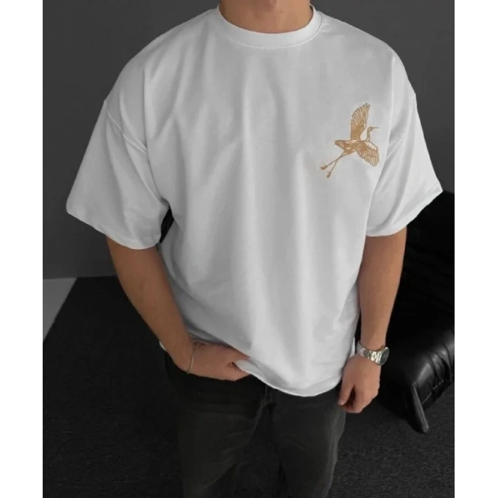 Erkek T-Shirt Ön ve Arka Baskılı Oversize Bisiklet Yaka tişort - Beyaz